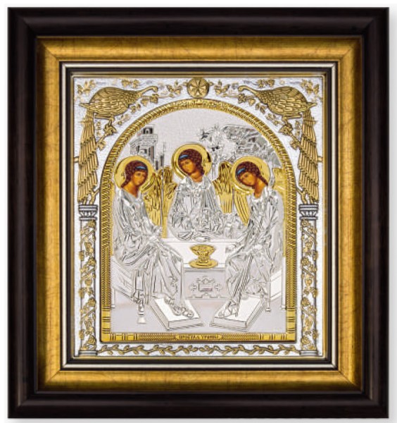 Икона Святая Троица, под стеклом в серебре и позолоте
