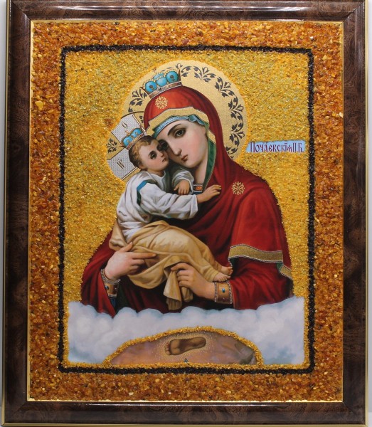 Икона Божией Матери "Почаевская" в янтаре