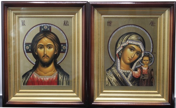 Икона пара в киоте Спаситель-Казанская Божья Матерь, полиграфия, стразы