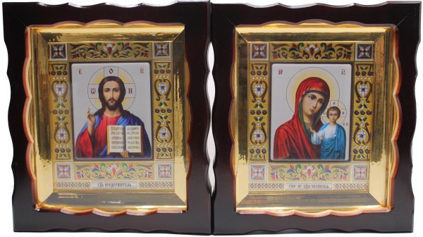 Икона пара в киоте Спаситель-Казанская Божья Матерь, багет, фигурный киот