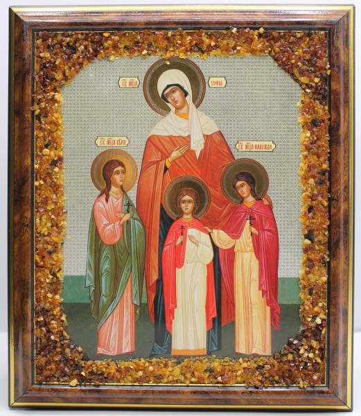 Икона "Святые мученицы Вера, Надежда, Любовь и мать их София" в янтаре