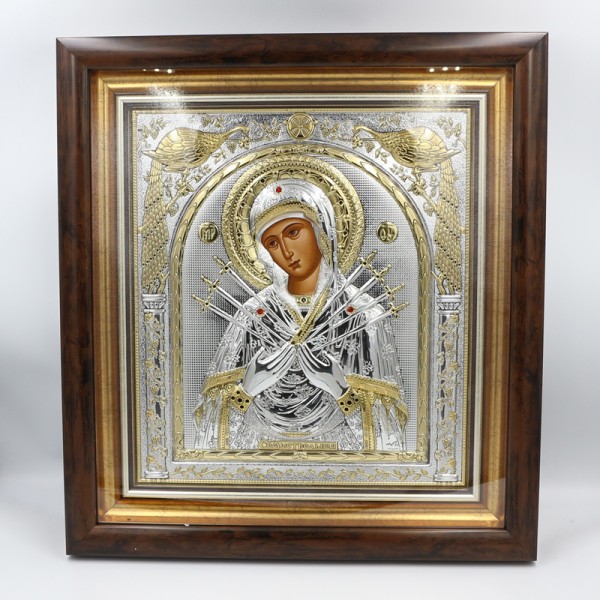 Икона Божией Матери "Семистрельная", под стеклом в серебре и позолоте